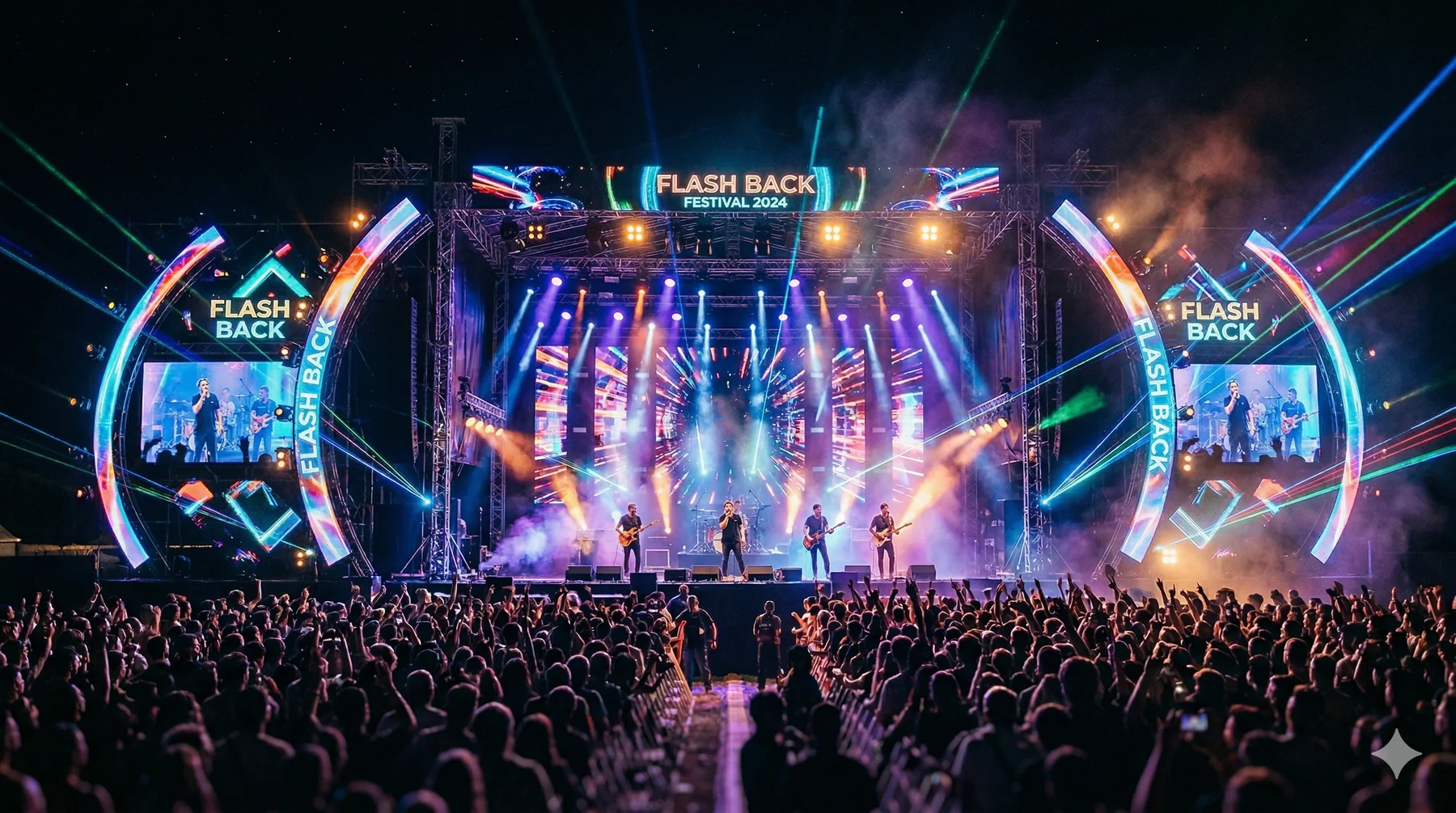 Festival main stage with lighting, LED visuals and a large crowd